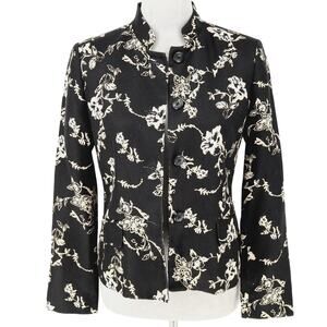 Charter Club Jacket Petites 6P Silk Black Ivory Floral Lined Blazer Vintage